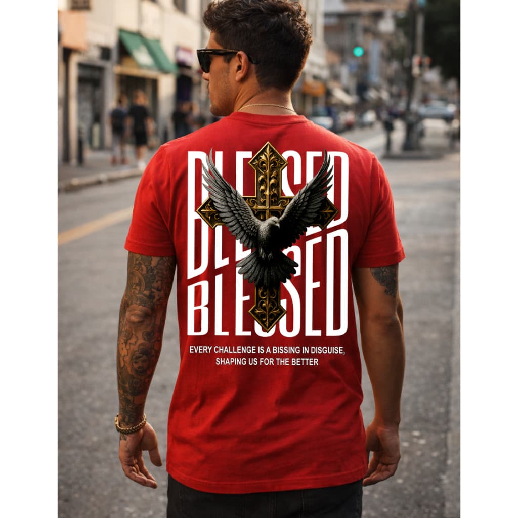 Camisa Camiseta Masculina Estampa Escrita "Blessed" Gavião Estilosa Streetwear Malha Algodão