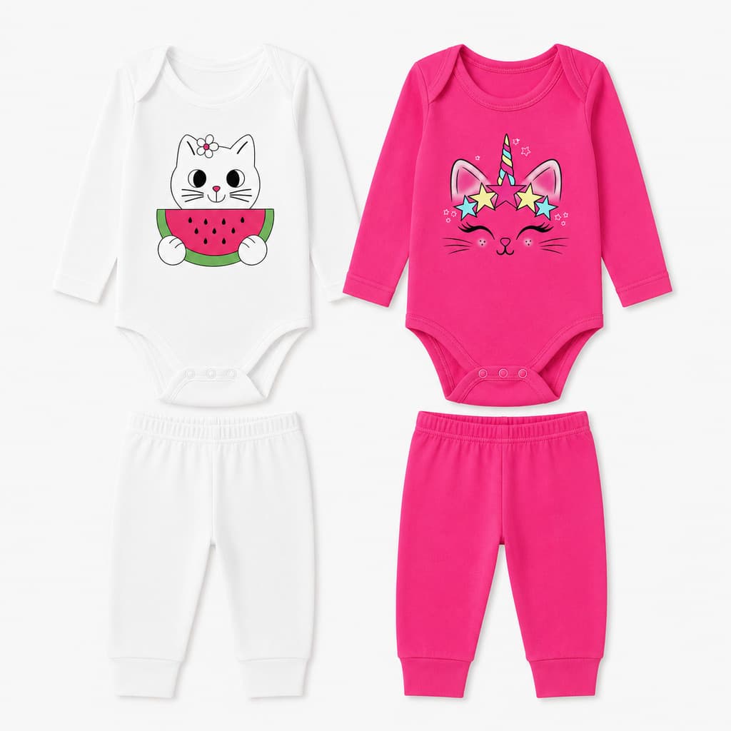 Kit 4 Peças 2 Body Manga Longa  2 Calça Mijão Bebê Menina  Conforto e Estilo