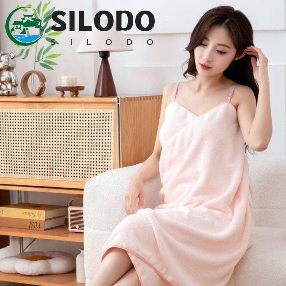 SILODO Camisola Com Suspensório , Toalha De Banho Vestível Listras De Veludo Coral , Saia De Pijama Portátil Sem Costas