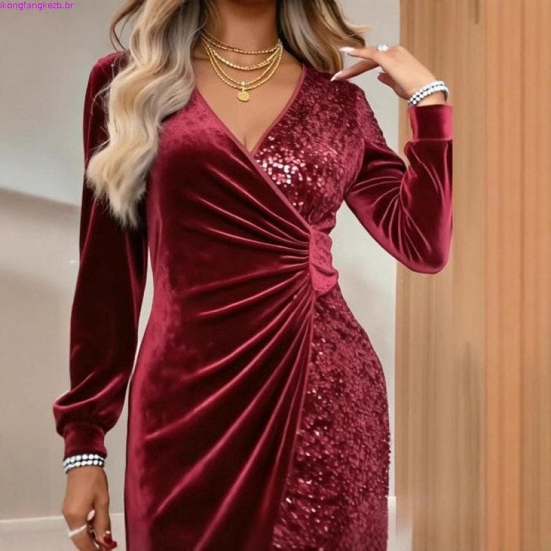 Vestido Slim de Veludo com Lantejoulas e Decote em V para Mulheres