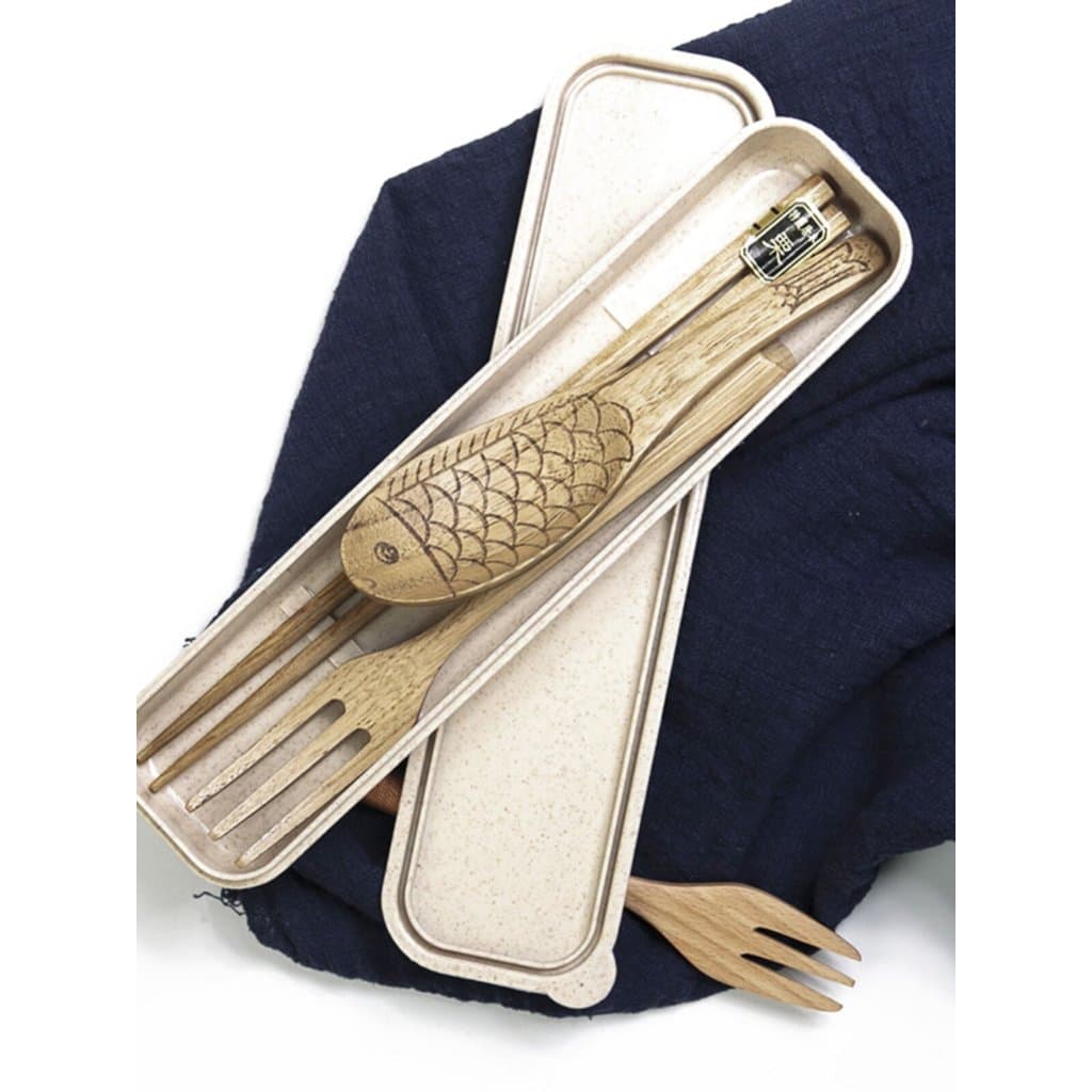 Estilo japonês Log pauzinhos colher caixa de presente conjunto estilo japonês palha trigo talheres portáteis colher de m