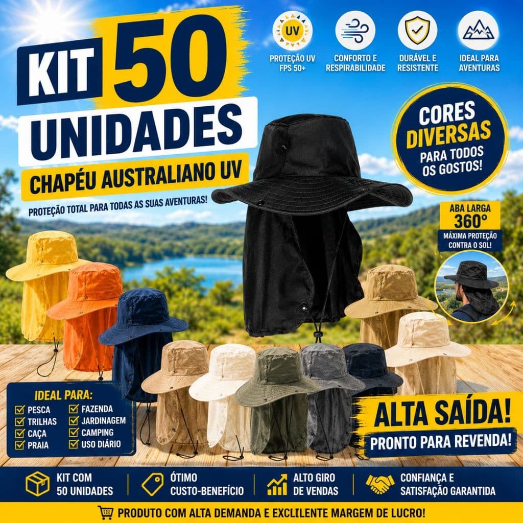 Kit 50 Chapéu Australiano UV Proteção Total Aba Larga para Atividades Outdoor