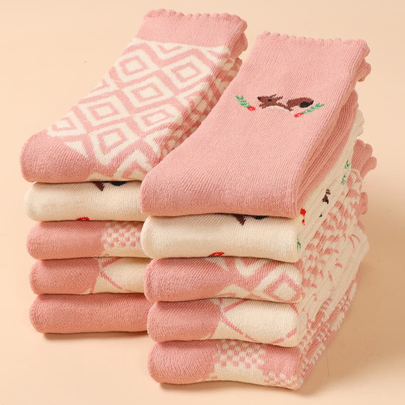 Meias rosa femininas tubo médio inverno algodão forro de lã engrossado quente Terry meias de dormir japonês tubo meias