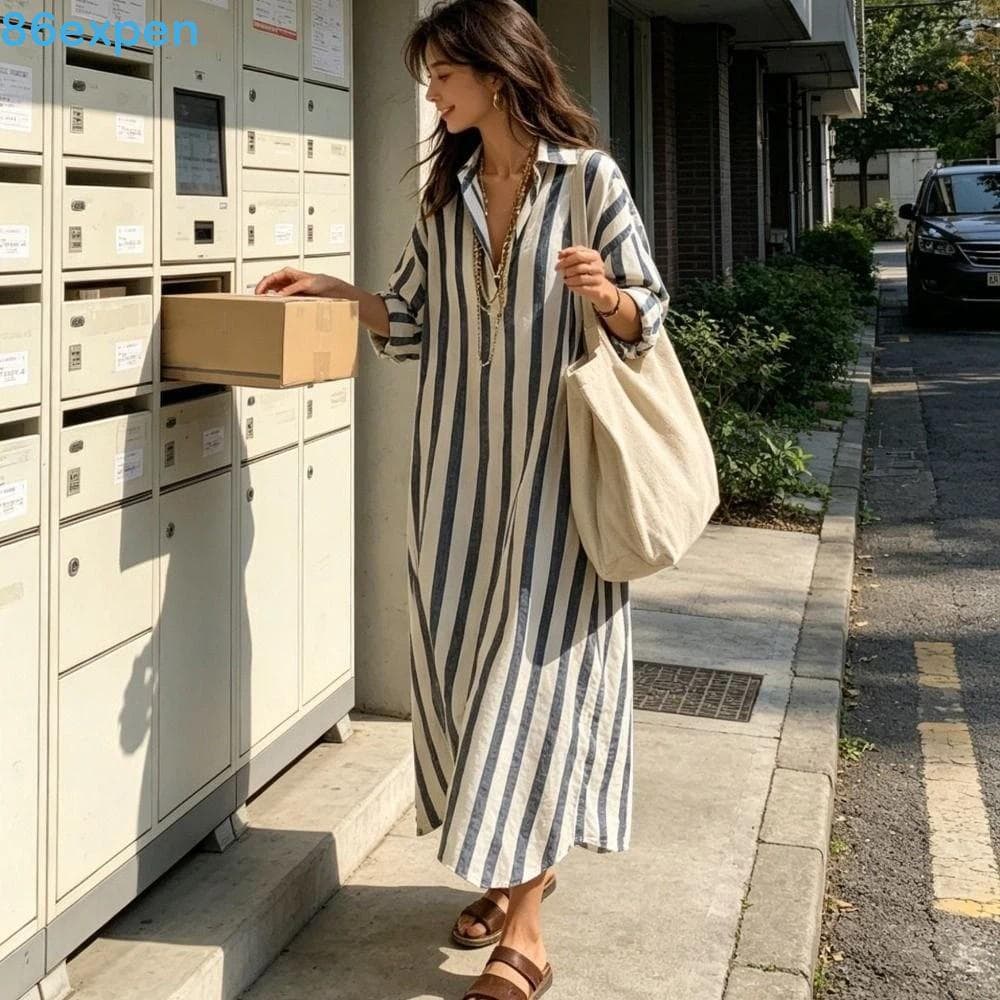 EXPEN1 Vestidos Listrados , Vestido Camisa De Retalhos De Manga Comprida , Boho Com Decote Em V Solto E Saia Longa Femin