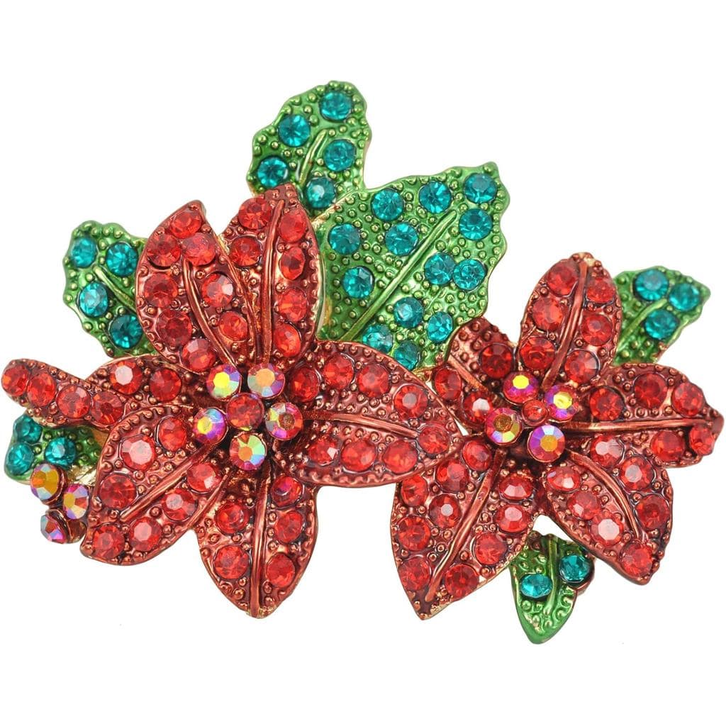 Broche de Flor de Natal em Forma de Estrela com Cristais Vermelhos e Strass Gyn&Joy Poinsettia, Dourado BZ068