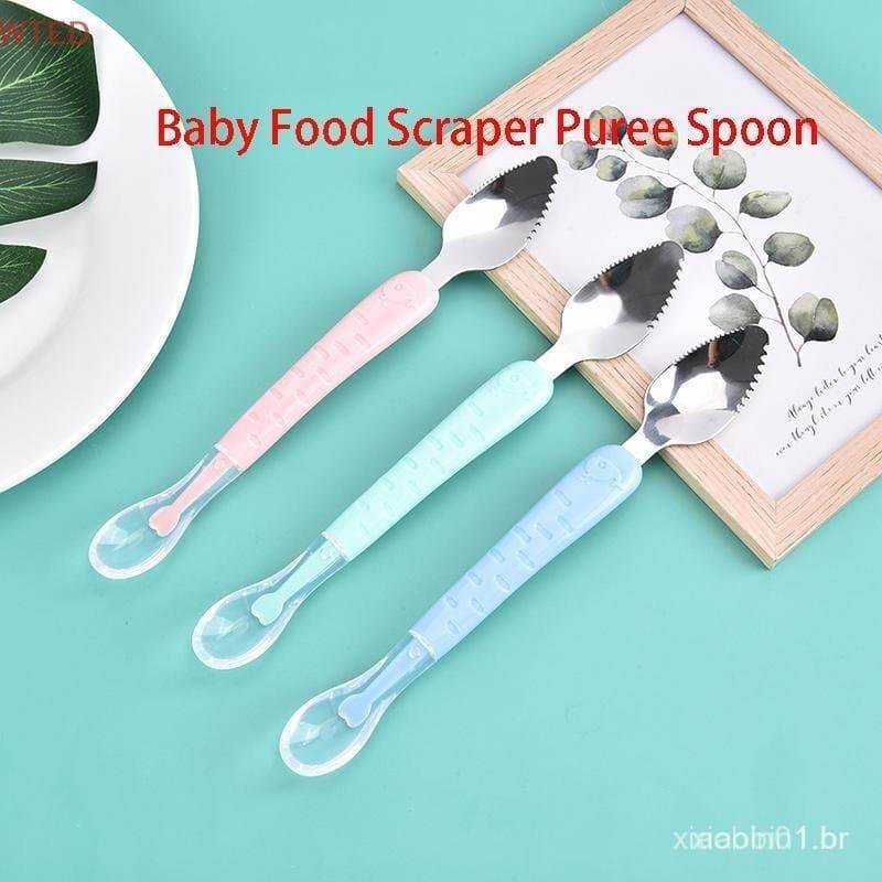 (WTED) 1Pc Raspador Duplo De Comida Para Bebê Colher Pura De Aço Inoxidável De Lama Multifuncional