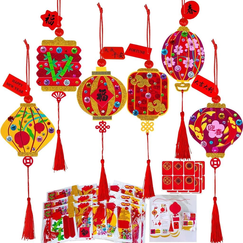 Winlyn 24 Conjuntos de Decorações para o Ano Novo Lunar Chinês, Kits de Artesanato DIY com Lanternas Vermelhas de Espuma