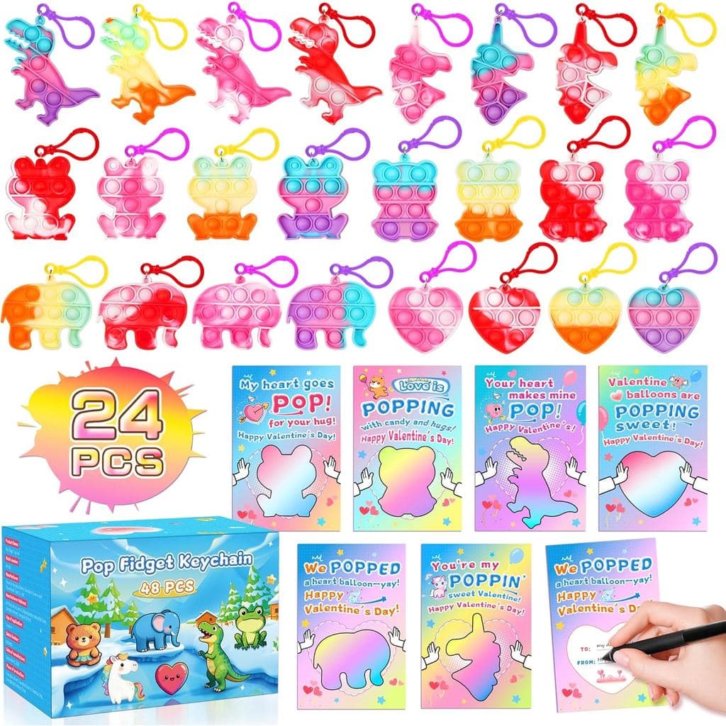 CRIOLPO Presentes de Dia dos Namorados para Crianças, 24 Peças de Chaveiros Fidget em Forma de Coração, Brinquedos Anti-