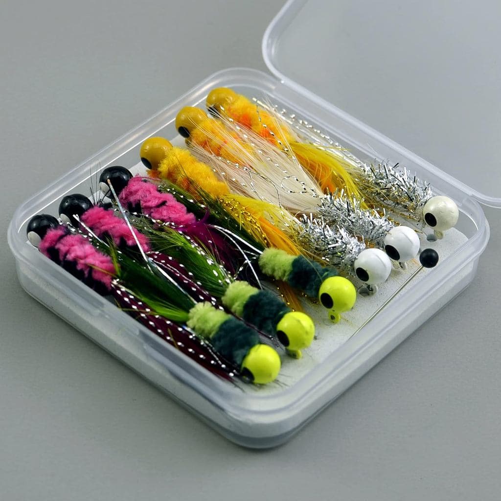Cabeças de jig com penas de marabu amarradas à mão, 1/16 oz-1/32 oz, kit de iscas de pesca para Crappie, Panfish, Sunfis