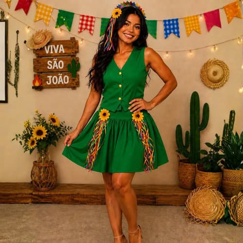 Conjunto Festa Junina Feminino CORES BRASIL COPA Colete Saia E Tiara Girassol P AO GG