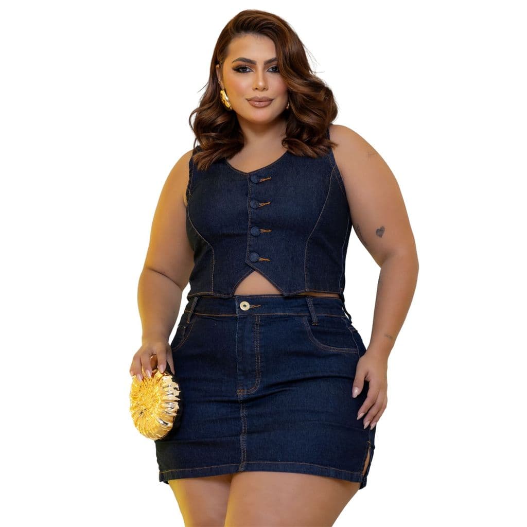 Conjunto Plus Size Saia Short Curto e Colete Jeans Feminino