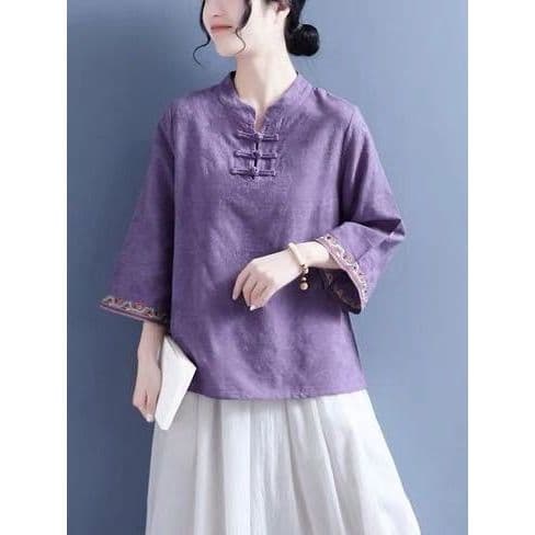 Retro primavera verão trompete manga algodão linho bordado camisa feminina 2026 nova camisa estilo chinês Jacquard gola