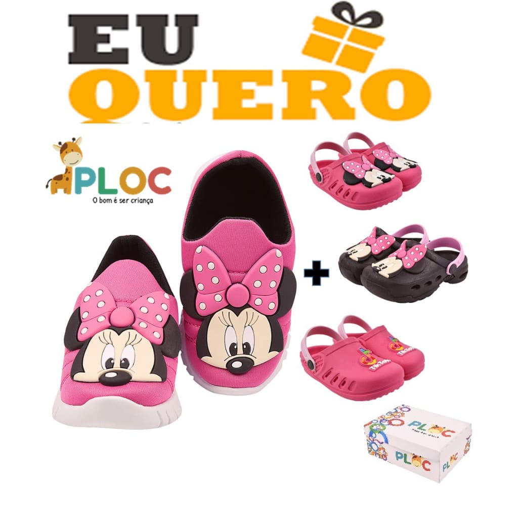 KIT 02 PARES TÊNIS + BABUCHE PLOC  (Tênis PLAY03 PINK MINNIE POÁ PINK + BABUCHE A SUA ESCOLHA)