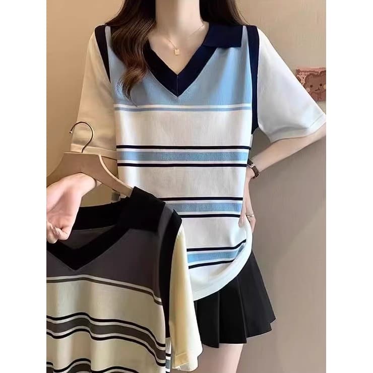Solto mais magro olhar [40-100kg] frente ombro com decote em v falso topo de malha de duas peças feminino verão Design l
