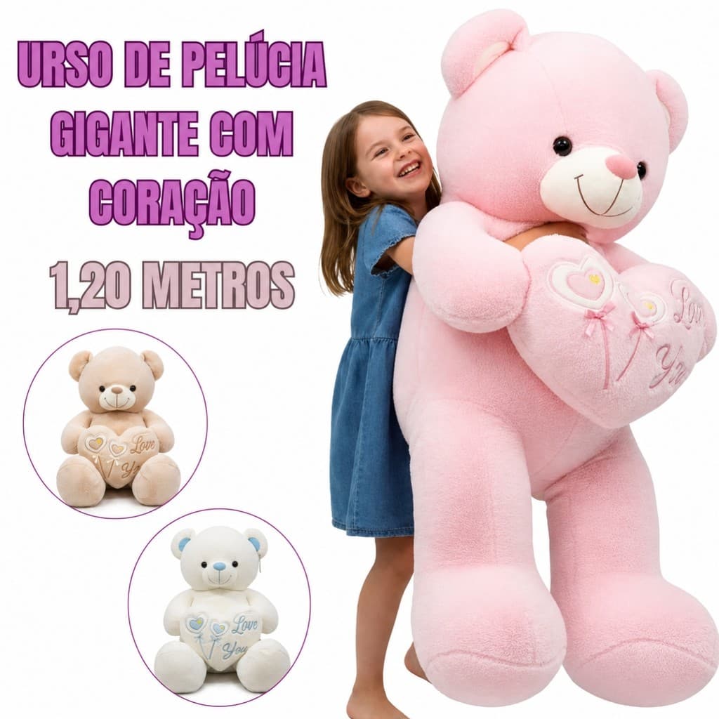 Urso de Pelúcia Enorme com Coração 1,20m – Ideal para Presentear
