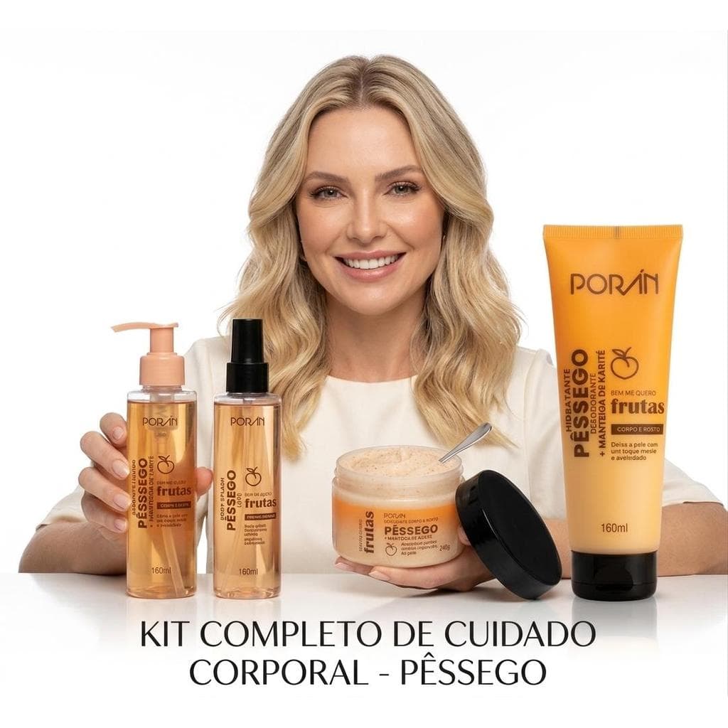 Kit Skin Care Completo Pessego Hidratante Body Splash Esfoliante Sabonete