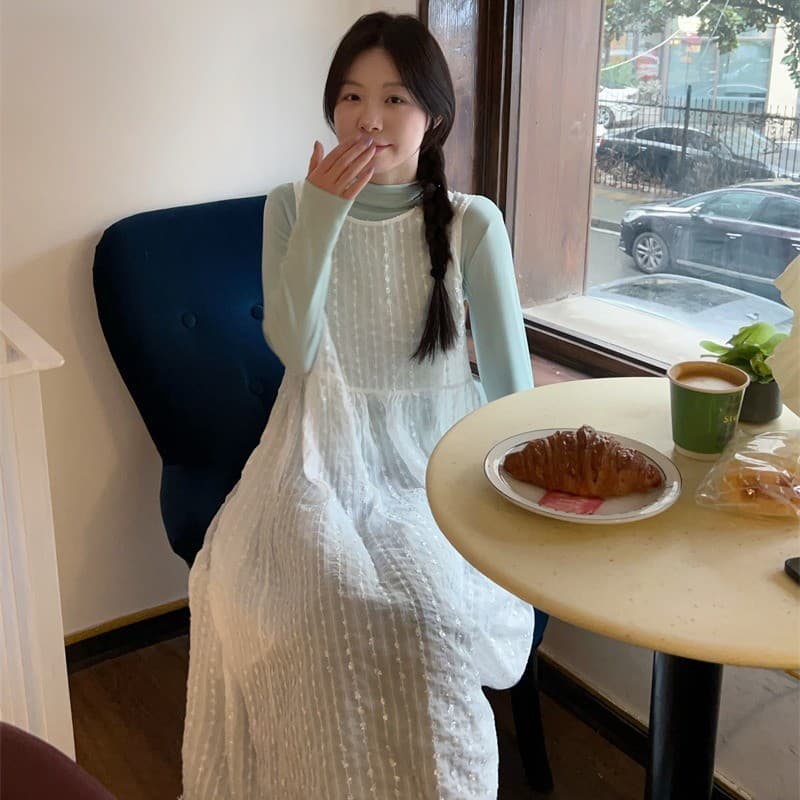 Tamanho grande doce estilo coreano colete vestido feminino primavera novo estilo camisola blusa A linha saia em camadas