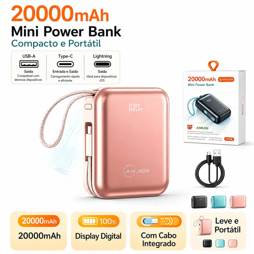 Power Bank 20000mAh Mini Carregador Portátil Turbo 22.5W PD Carregamento Rápido Tipo C iOS Viagem