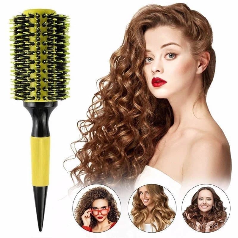Escova de cabelo de ar quente amarela, feita de madeira mista, equipada com cerdas de javali.