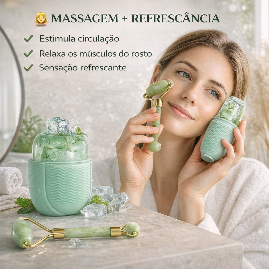Kit Premium de Cuidados Faciais 3 em 1 – Jade Roller, Gua Sha e Molde de Gelo para Pele Revitalizada