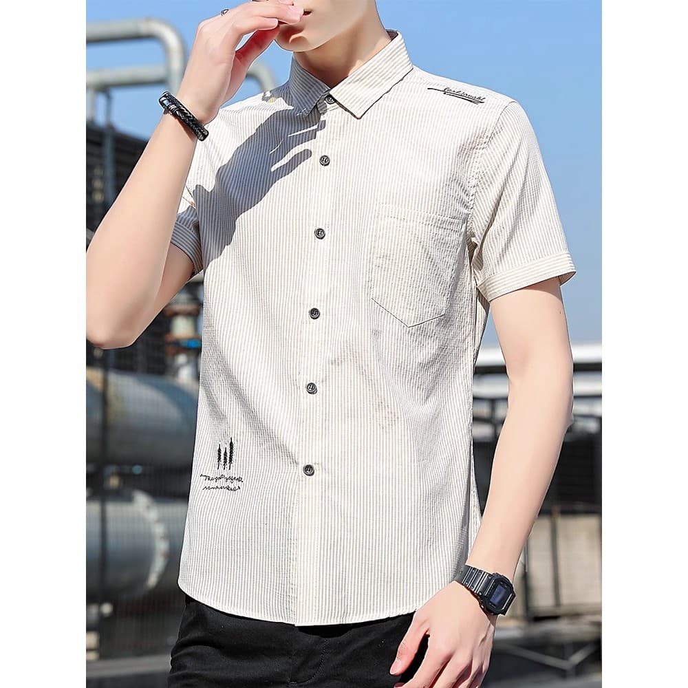 2024 novo estilo verão na moda fino-ajuste All-match listrado Casual Polegada roupas masculinas bordado topo fino curto