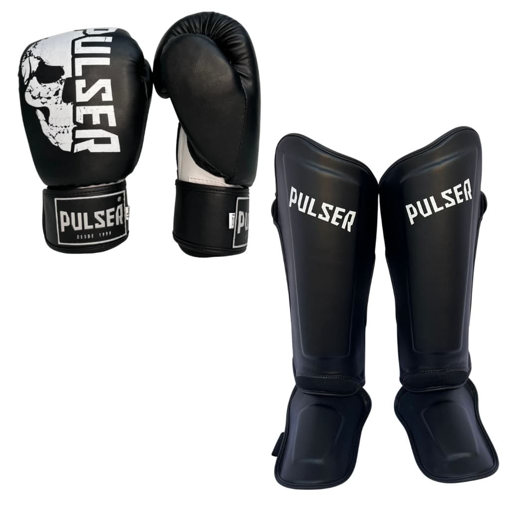 Kit Luva 14oz Caveira Caneleira Elite Preta M  Boxe e Muay Thai Pulser
