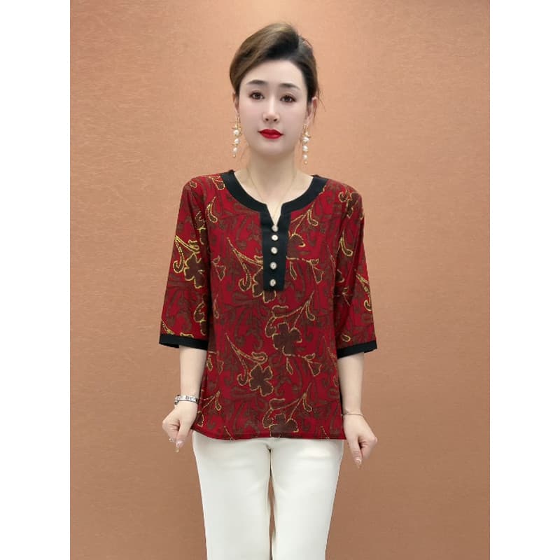 Verão feminino novo estilo de manga média camiseta topo de meia-idade idosos mãe Wear moda pequena camisa Casual todos @