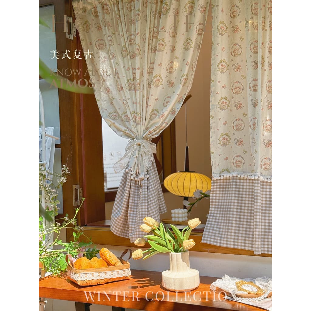 Americano Pastoral impresso meia cortina francês Retro curto cortina costura Mige cortina de cabelo branco bola decoraçã