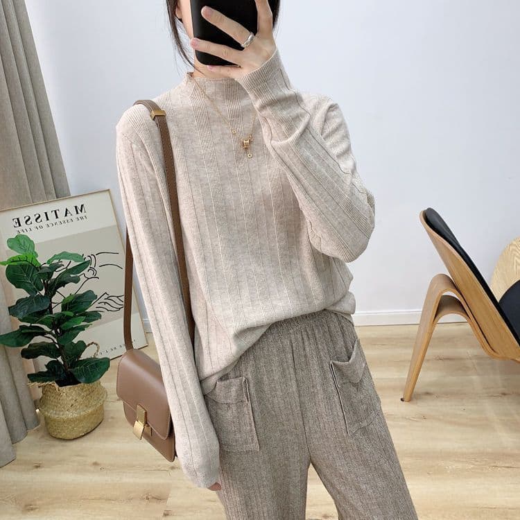 Outono inverno feminino novo estilo meia gola alta camisa de fundo feminino All-Match solto mais magro olhar de malha to