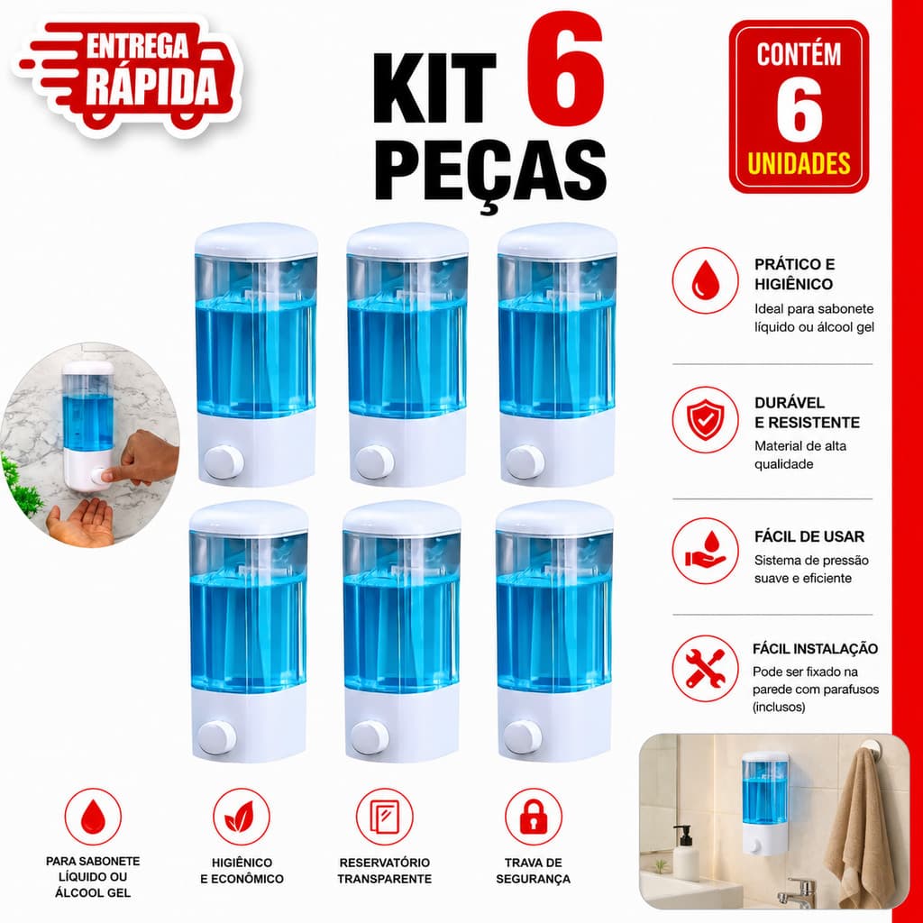 Kit 6 Peças Dispenser Automático de Parede Sabonete Líquido Sabão Álcool Gel Detergente 500ml