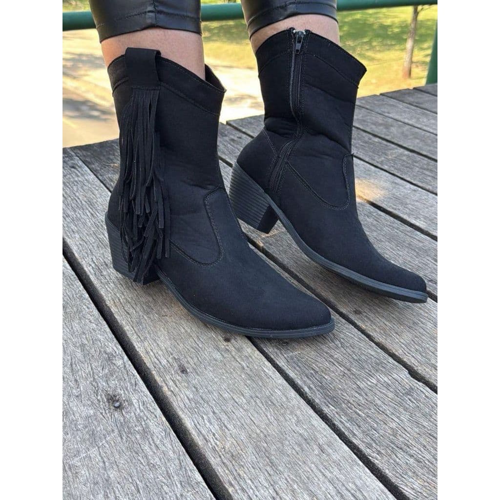 Bota Country Feminina Com Franjas E Zíper Lateral Luxo
