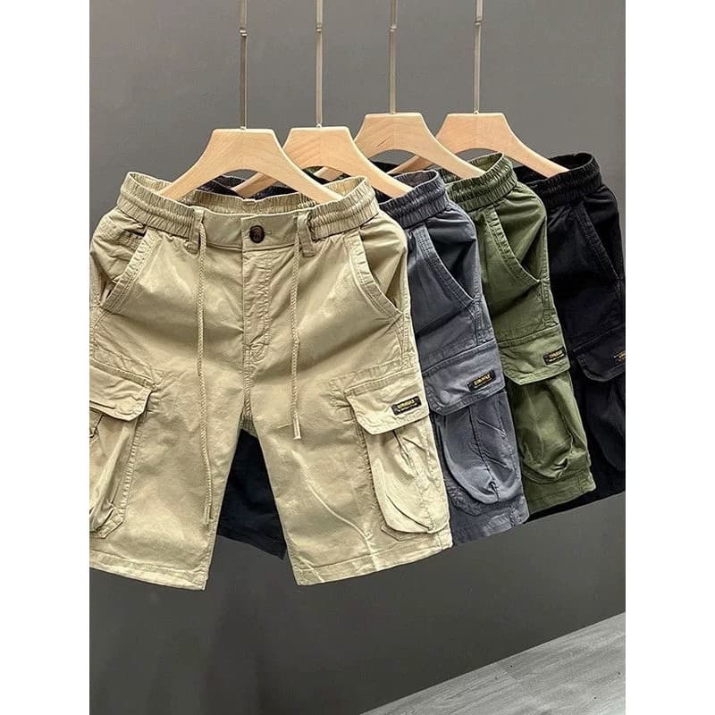 Shorts gerais masculinos, calças cortadas de verão, macacão com vários bolsos, cinto com cordão, calças casuais, cinto e