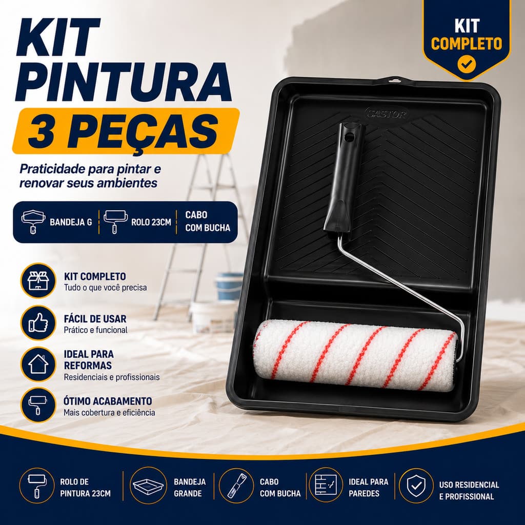 Kit Pintura Parede 3 peças Bandeja G + Rolo 23cm + Cabo com bucha