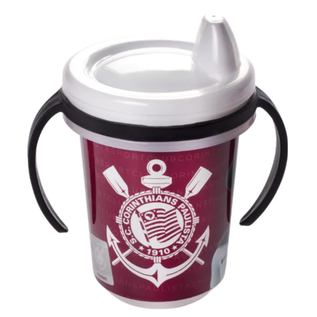 Copo Caneca Trio Decorado Corinthians Treinamento  Infantil Bico Tampa Alça 330mL