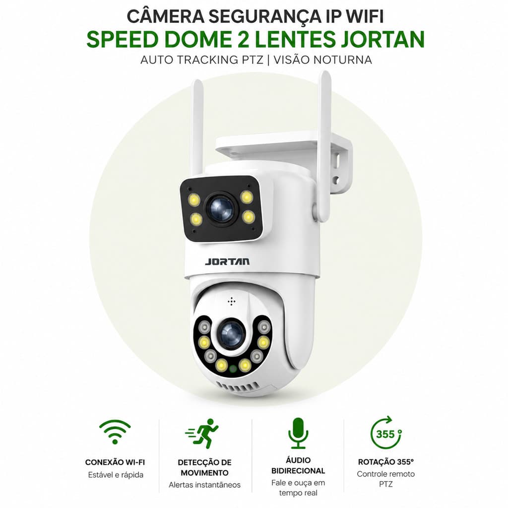 Câmera Segurança IP WiFi Speed Dome 2 Lentes Jortan Auto Tracking PTZ Visão Noturna