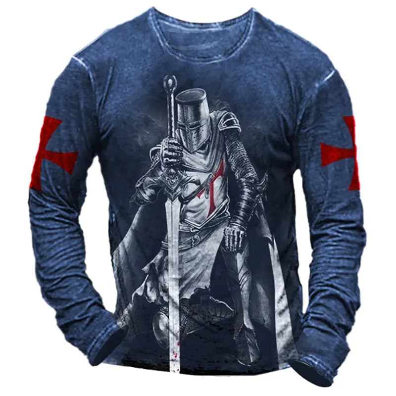 Templário Cavaleiro Impressão Retro Moda Casual Masculino Em Torno Do Pescoço Manga Longa Rua Hip Hop Extra Grande Veloc