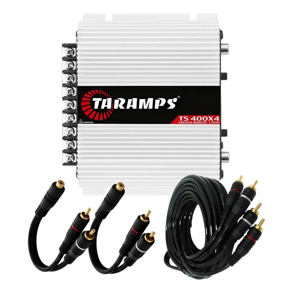 KIT MÓDULO TARAMPS TS400X4 SOM AUTOMOTIVO CABOS PERMAK PRETO