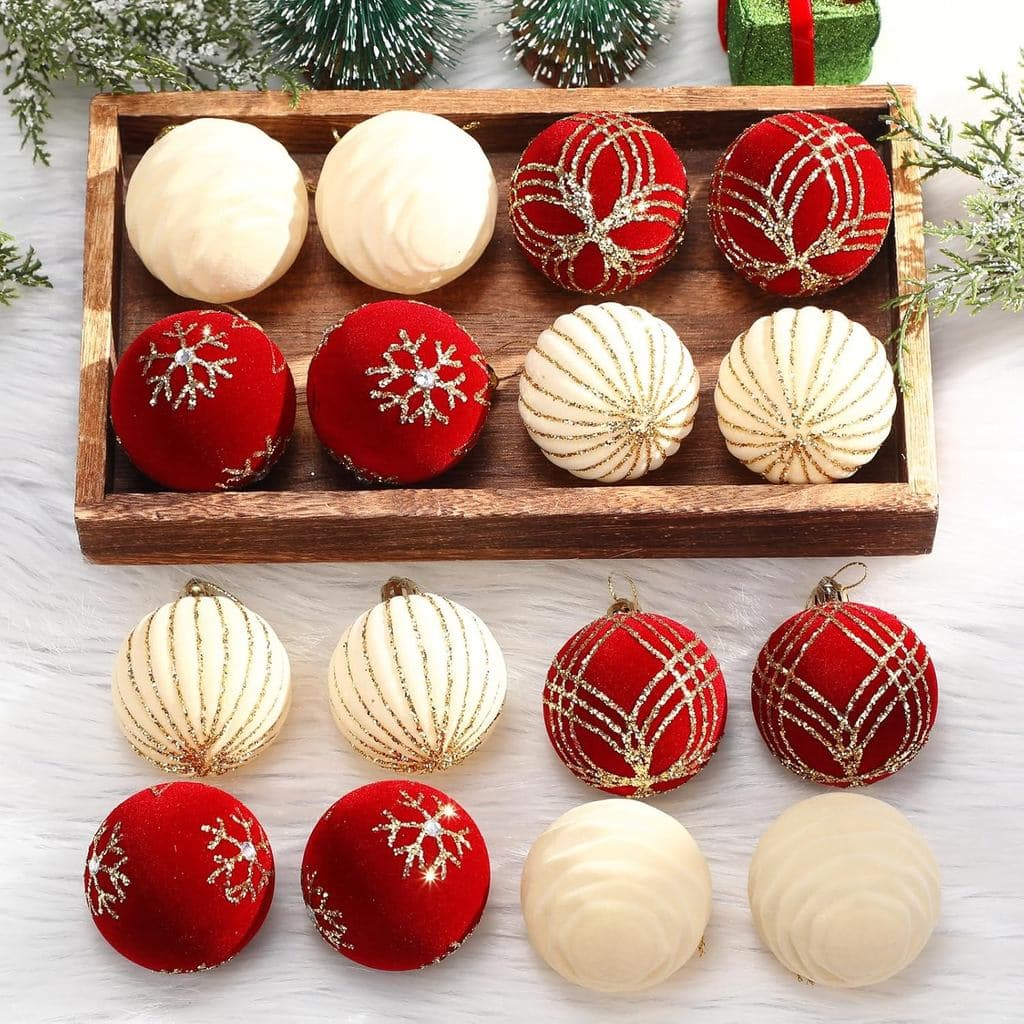 Conjunto de 16 Bolas de Veludo de Natal de 2,4 Polegadas, Enfeites de Árvore de Natal com Glitter, Enfeites Inquebráveis