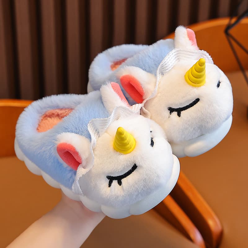 Chinelos de Unicórnio de Desenho Animado para Crianças, Sapatos de Pelúcia Quentes e Antiderrapantes para Uso Interno 6F