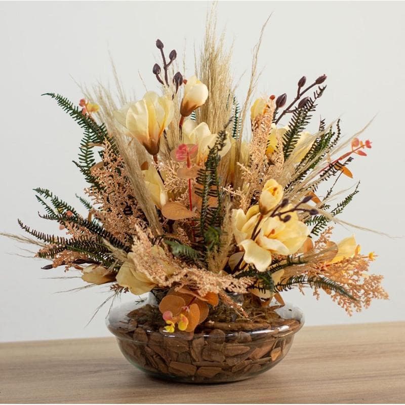 Arranjo Magnólias & Pampas no Vaso Equibana de Vidro Terrário Centro de Mesa