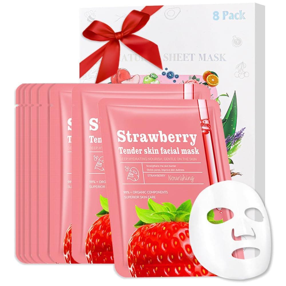 8 Pack Strawberry Face Mask,Pink Face Masks Skincare Spa Day Kit Supplies,Spa Party Favors for Women,Sheet Facial Mask S