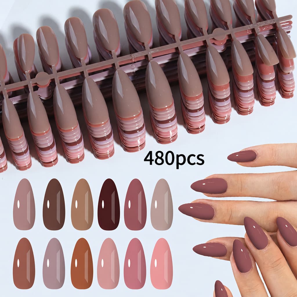 Kit 480pcs Unhas Postiças Nude Rosa Natural Amendoada Curta Longa Reutilizável Alta Qualidade Nail Tips