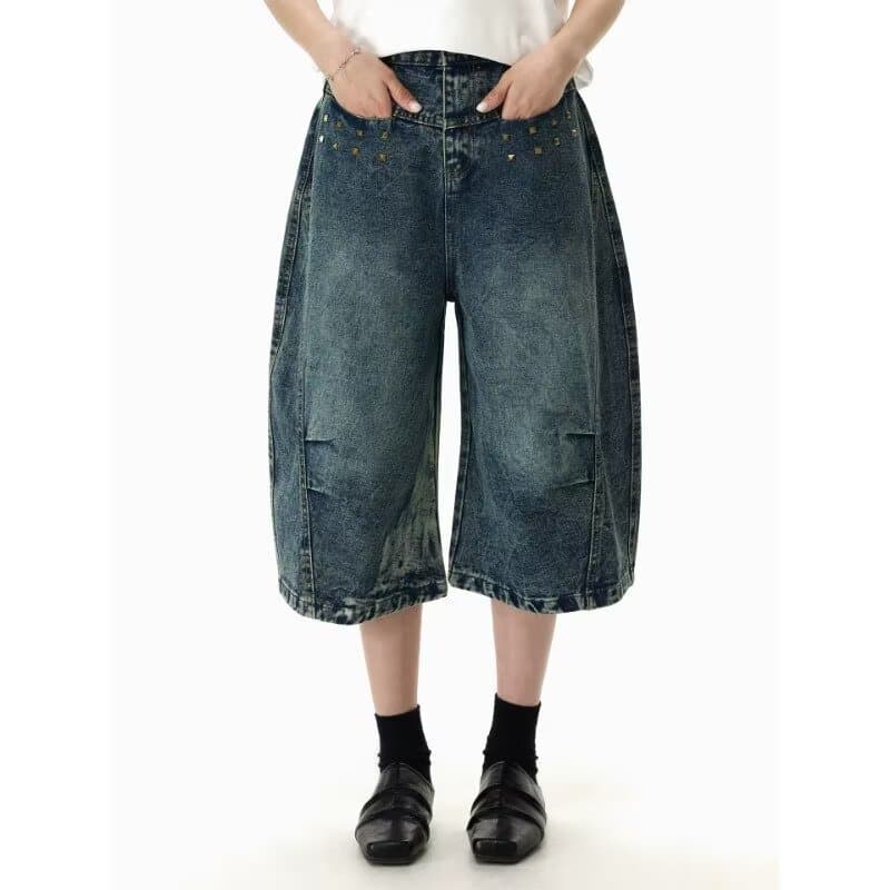 Easepure americano Retro lavado perna larga cortado Jeans masculino feminino calças médias Jinjing mesmo estilo Shorts c
