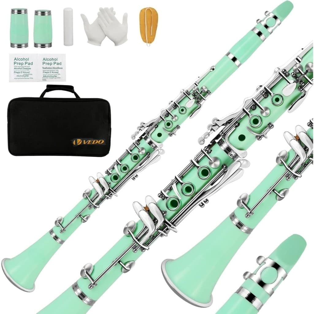 Clarinete VEDO para iniciantes em B♭, multicolorido, 17 chaves, com estojo, suporte, 2 tubos de prática, 8 protetores