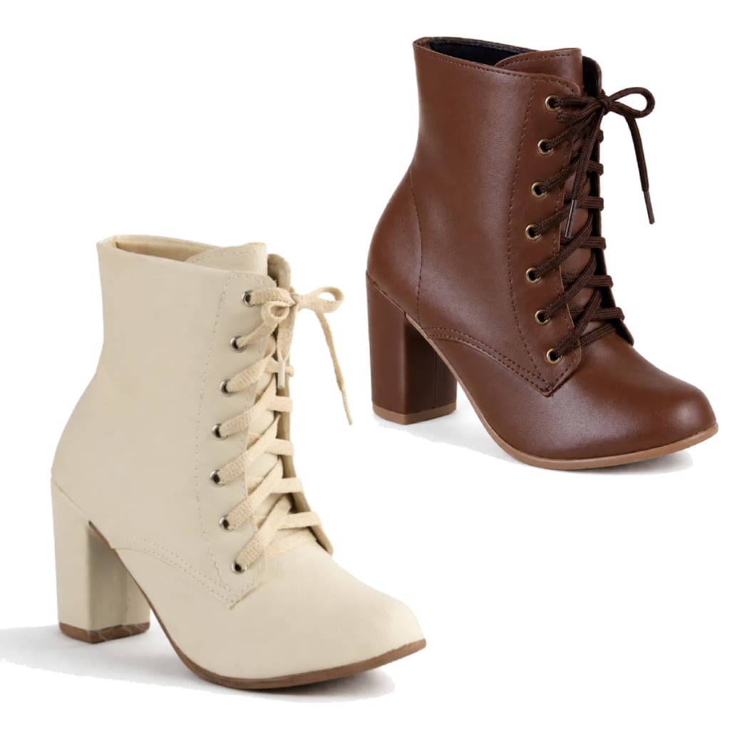 Kit 2 Botas Coturno Feminino Salto Alto Moda Blogueira Elegante Confortável Macia Off-White E Café