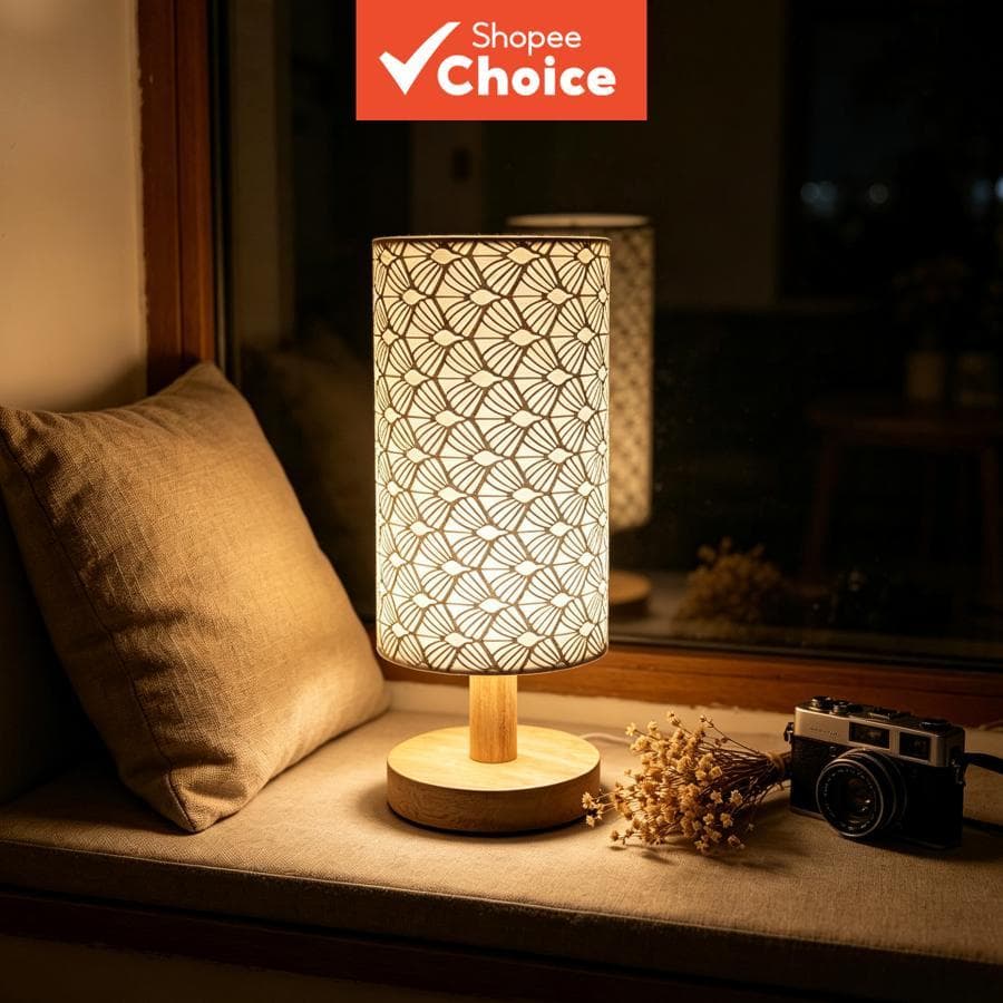 Luminária de Mesa Boho com Escamas e Recorte, Lâmpada Noturna de Madeira com LED Quente, Luminária de Mesa para Quarto e