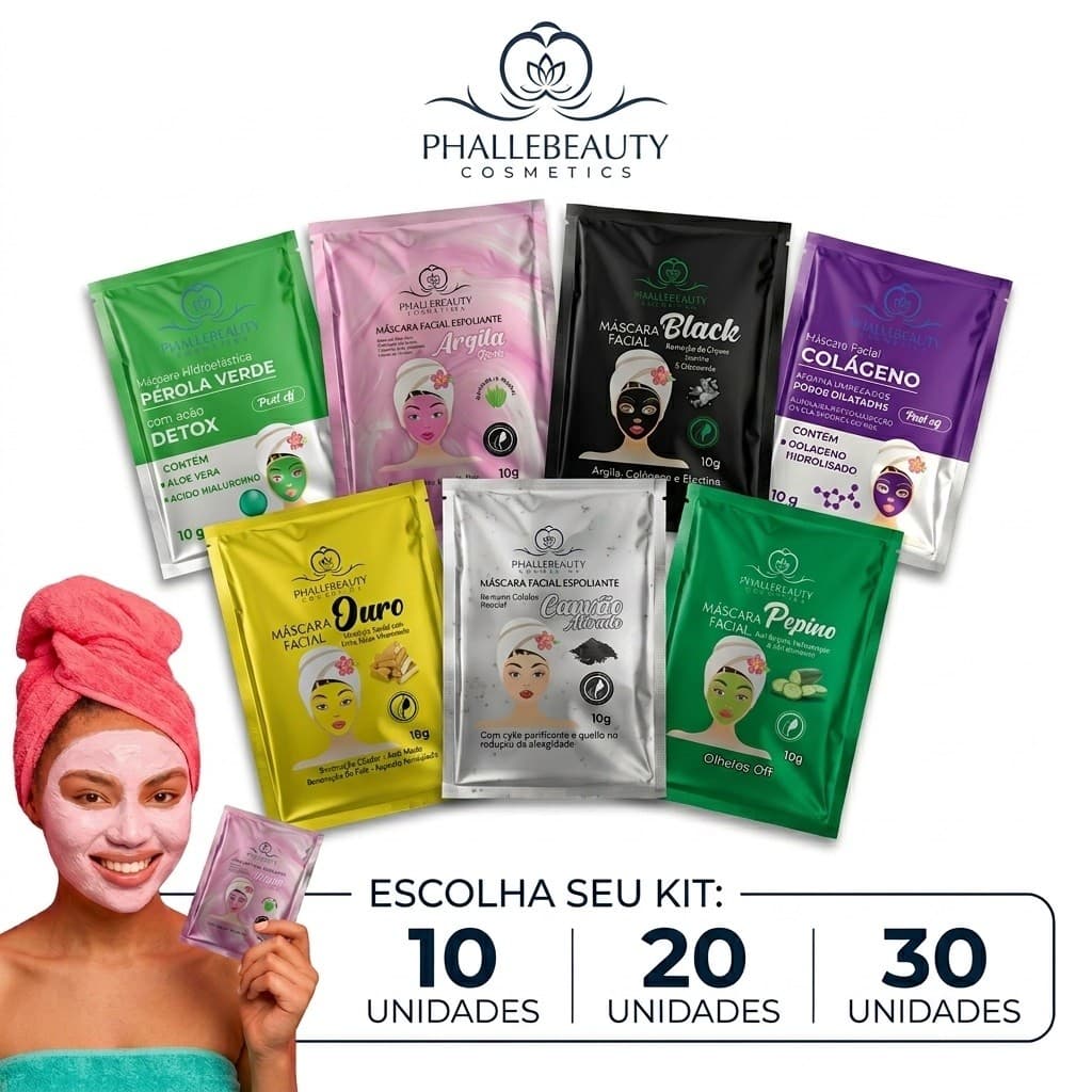 Máscaras Faciais Phallebeauty Kit com 10 20 30 Sachês Hidratante Limpeza Facial