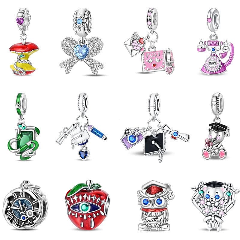 100% prata esterlina 925, pingente de relógio de bolso vintage com laço vermelho maçã, adequado para pulseira original 9