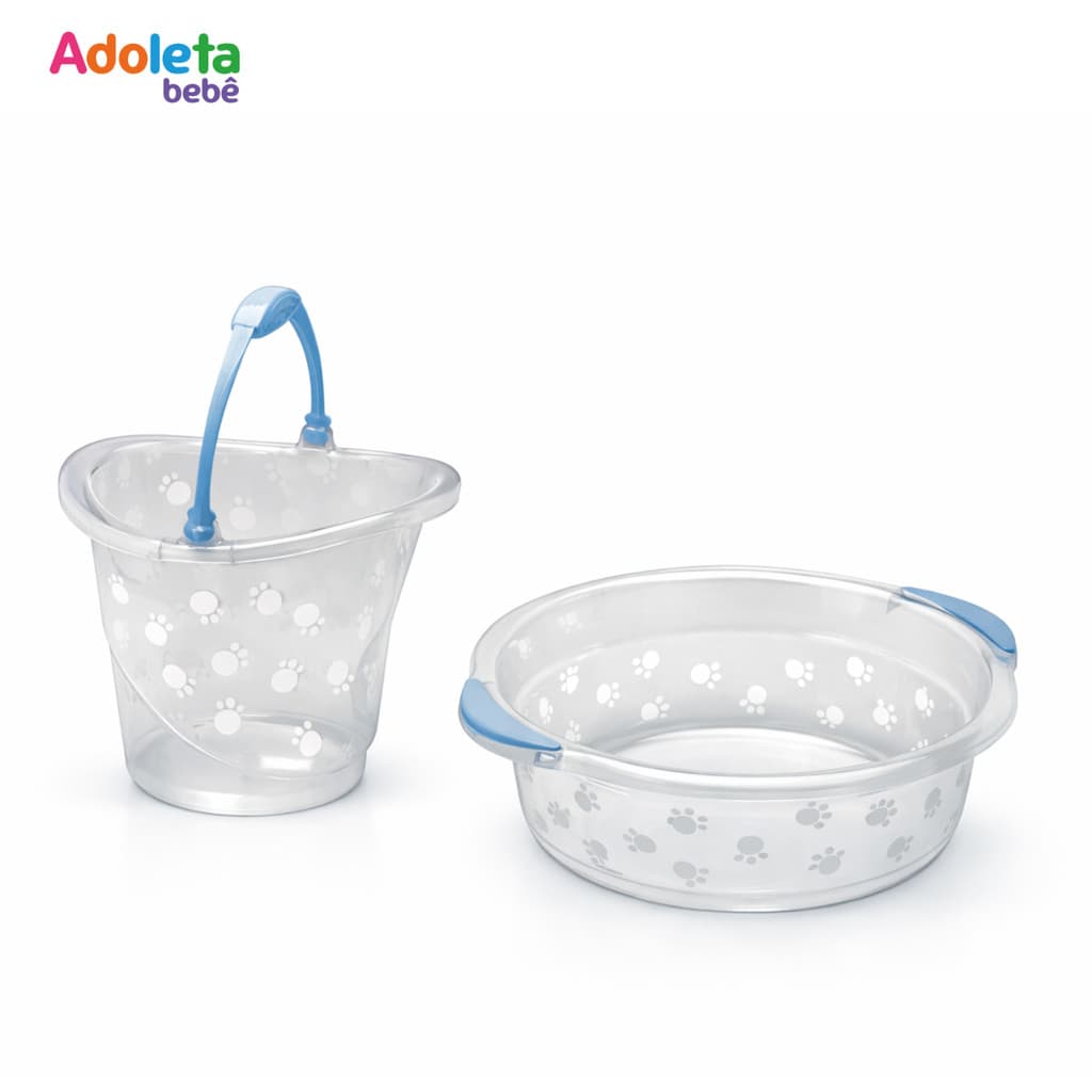 Kit Bacia 6 L + Balde 8 L | Transparente com Azul | Adoleta | Banho Infantil