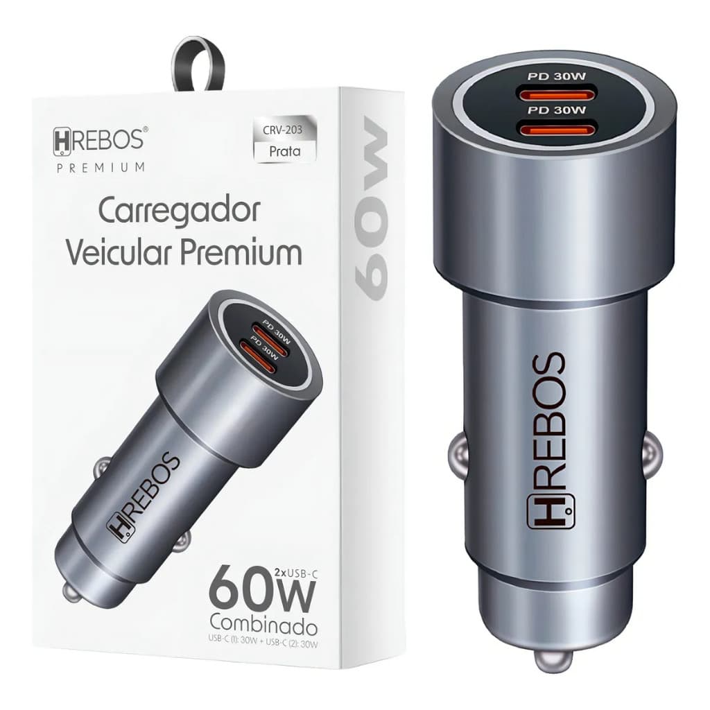 Carregador Veicular Turbo Carro Celular Hrebos 60W 2x USB-C Tipo C